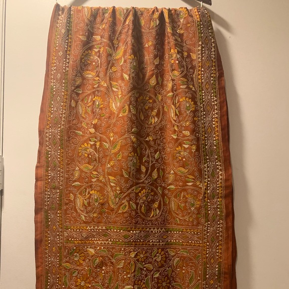 New Heirloom pure silk hand embroidered Kantha stole shawl wrap Orange Rust Beig